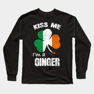 Kiss Me I'm A Ginger St Patricks Day Ireland Shamrock Flag Long Sleeve T-Shirt